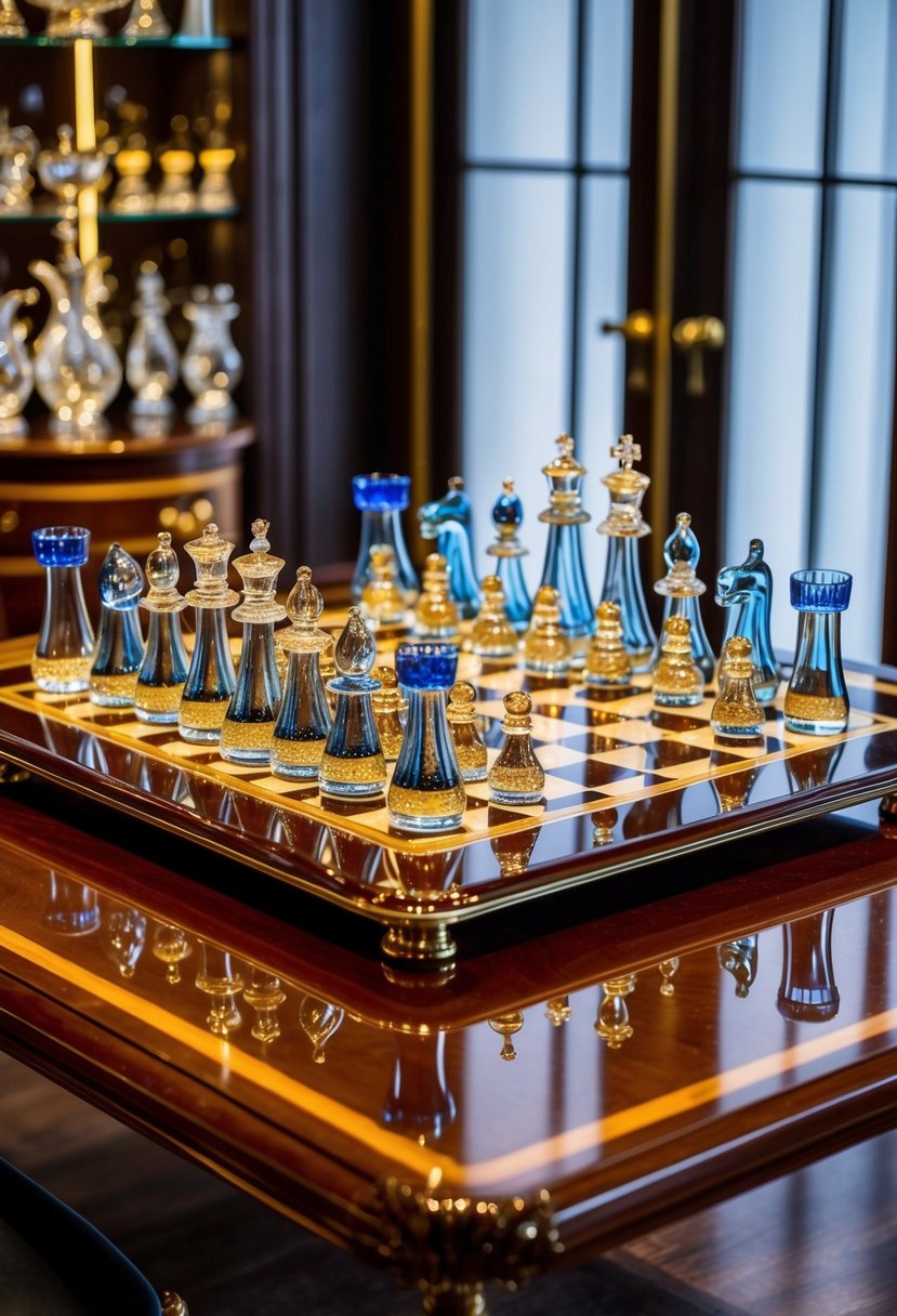 A lavish Murano glass chess set displayed on a polished wooden table, with intricate pieces gleaming under soft lighting