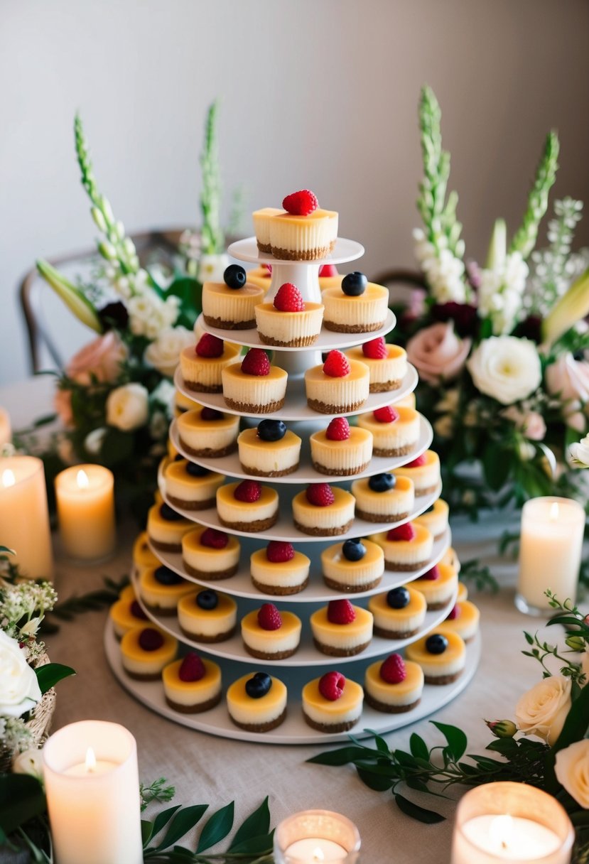 A tiered display of mini cheesecakes with delicate fruit toppings, surrounded by elegant floral arrangements and soft candlelight