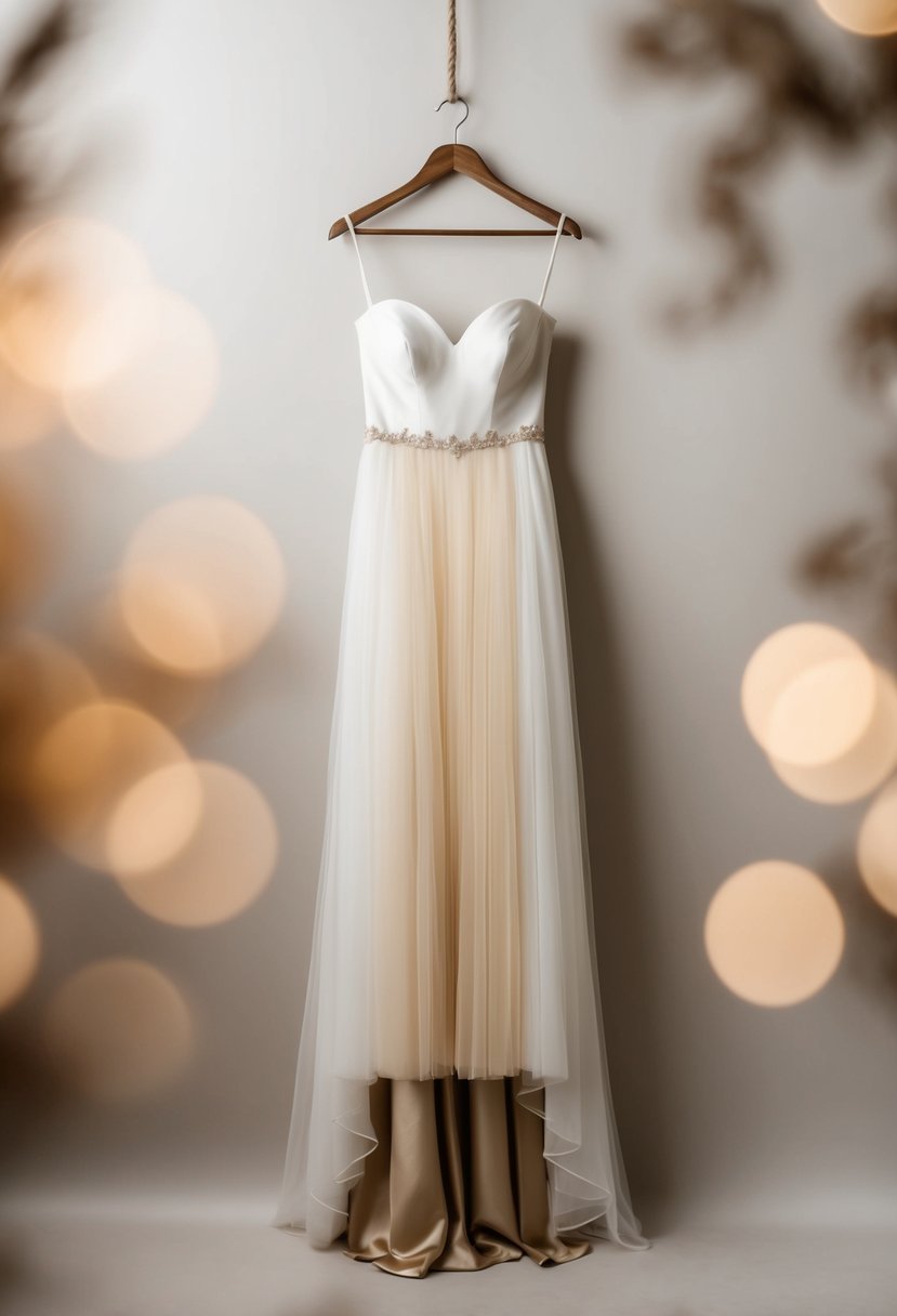 A flowing ivory and champagne wedding dress hangs on a rustic wooden hanger against a neutral backdrop of soft, earthy tones