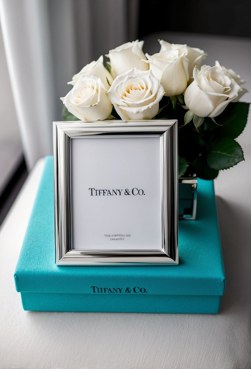 A silver picture frame sits on a velvet-lined box, adorned with the Tiffany & Co. logo. A bouquet of white roses rests beside it