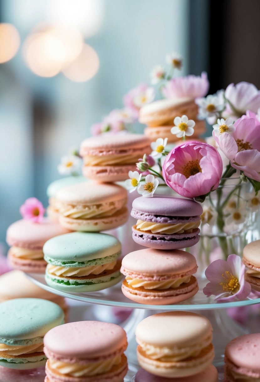 A display of pastel macarons adorned with delicate edible flowers