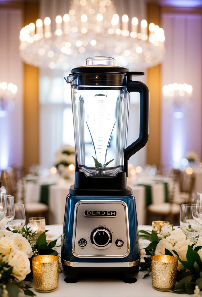 A sleek, designer retro blender surrounded by elegant wedding decor, with a luxurious and opulent atmosphere