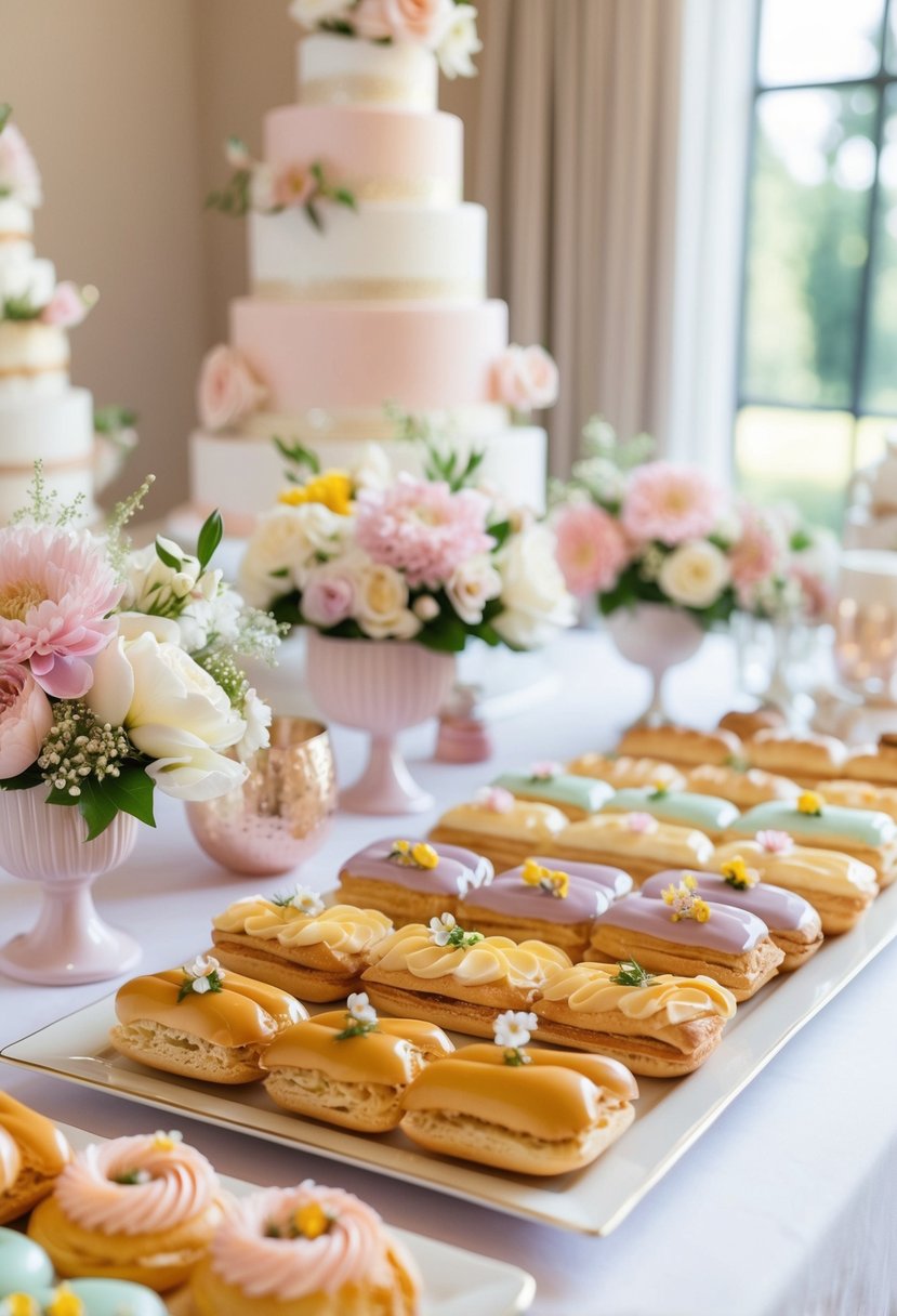 A table set with a variety of éclairs in pastel colors, adorned with delicate flowers and elegant details, surrounded by bridal shower decorations