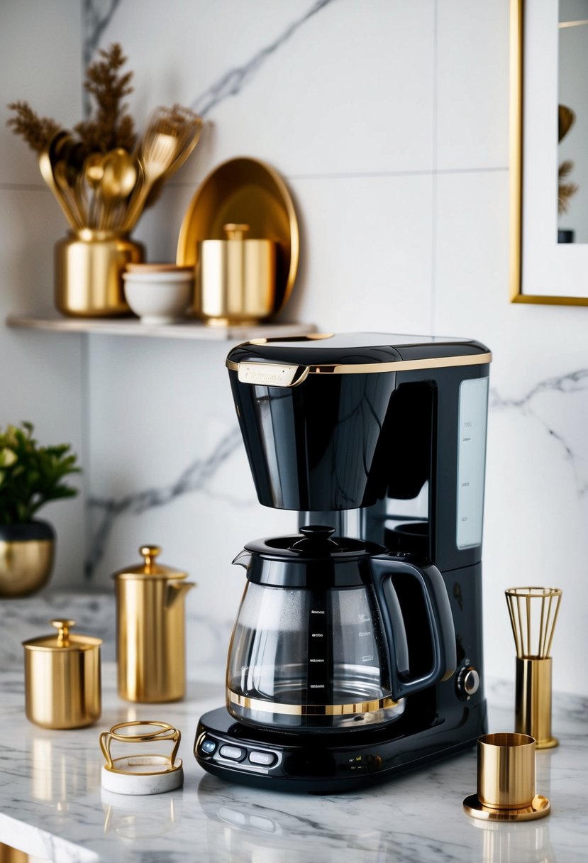 A sleek, modern coffee maker sits on a marble countertop surrounded by elegant, gold-accented kitchen accessories