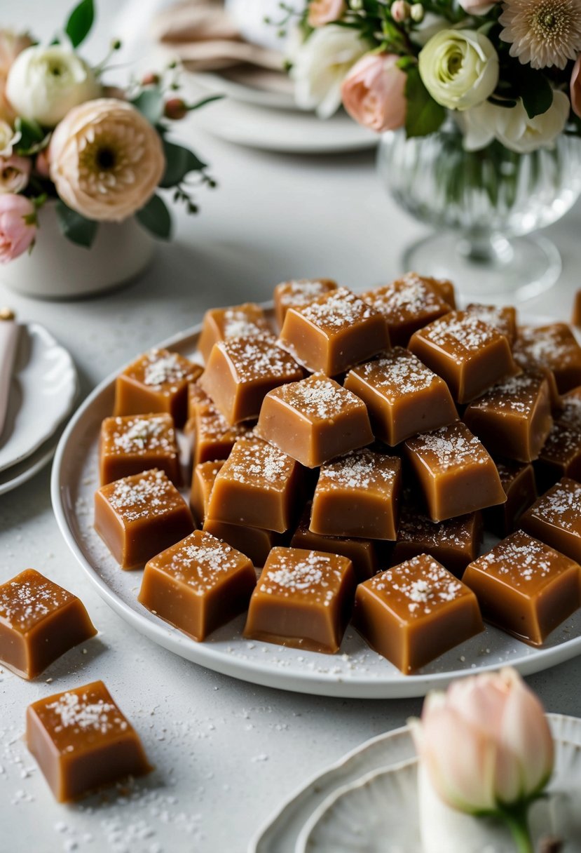 A platter of caramels sprinkled with Fleur de Sel, surrounded by delicate floral arrangements and elegant table settings