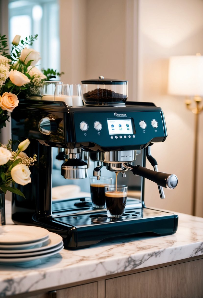 A sleek, high-end espresso machine sits on a marble countertop adorned with fresh flowers and elegant dinnerware, surrounded by soft, ambient lighting