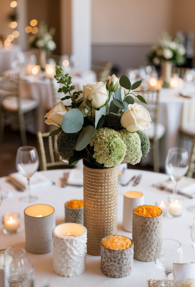 A collection of mixed texture centerpieces in neutral tones arranged on a table for a wedding reception