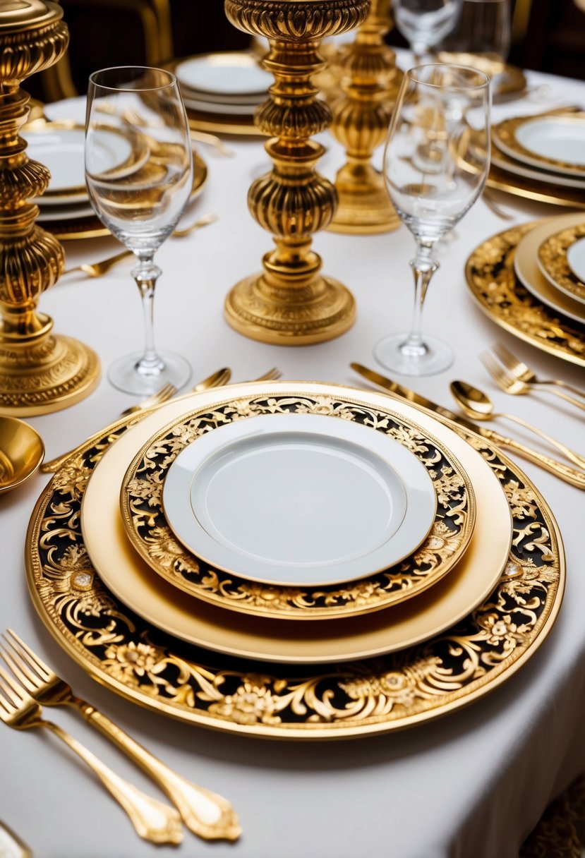 A lavish gold place setting with intricate Renaissance detailing, arranged on a luxurious table setting