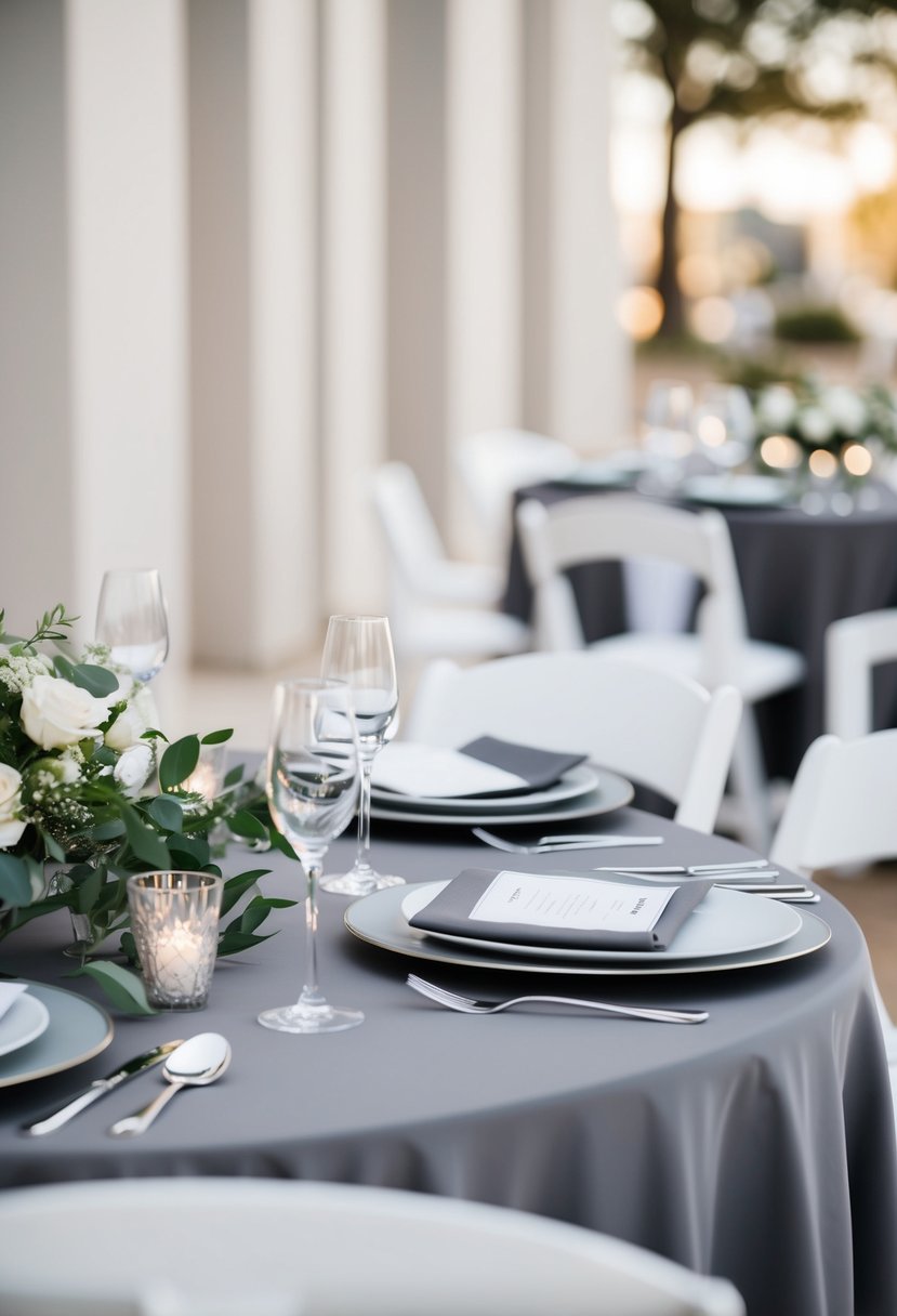 A sleek, modern wedding table set with gray and silver accents