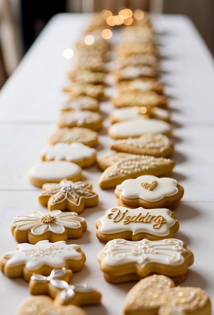 A table adorned with an assortment of intricately decorated sugar cookies in wedding-themed shapes and designs