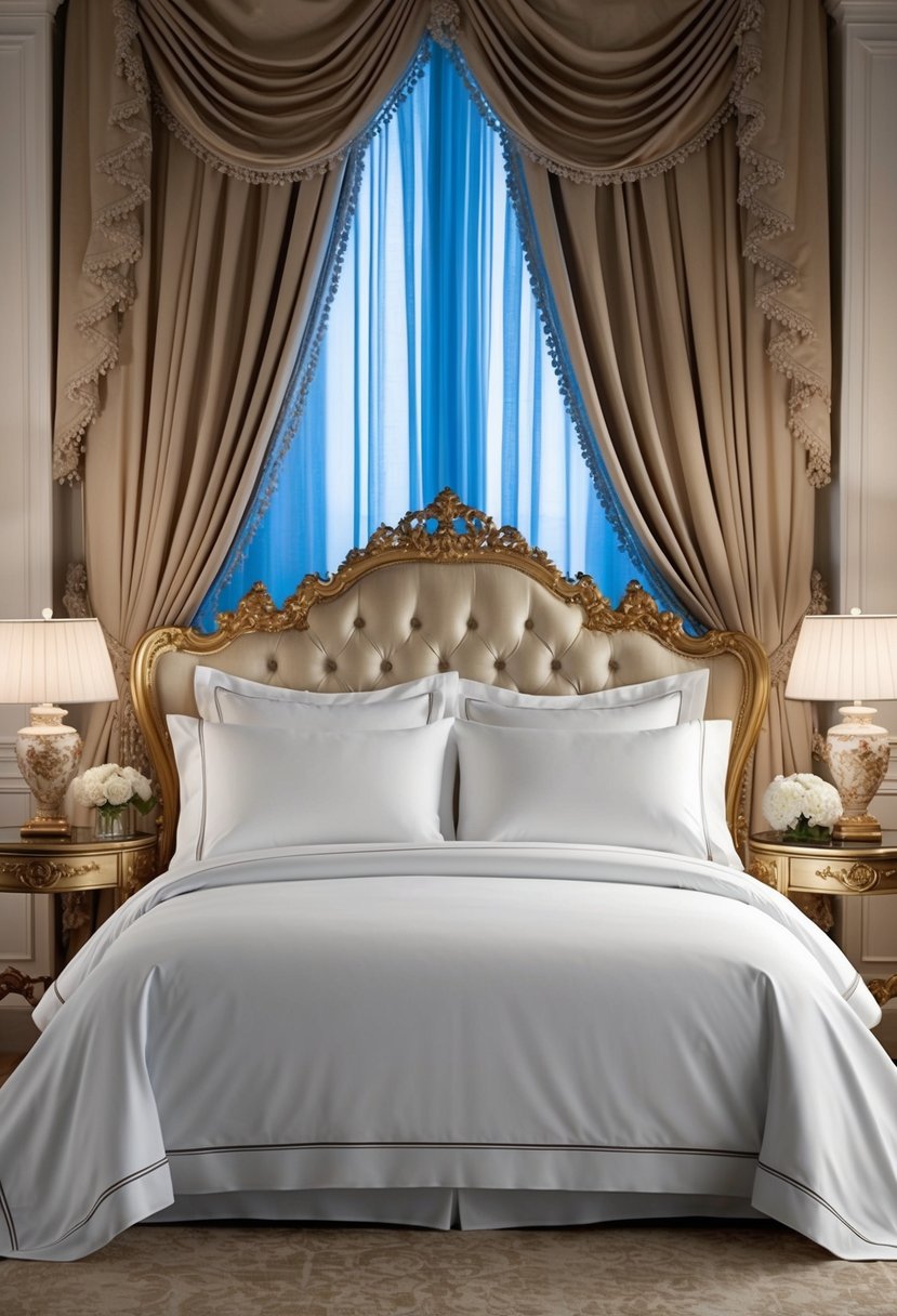 A luxurious high-thread-count sheet set displayed on a grand, ornate bed with elegant drapery and opulent decor