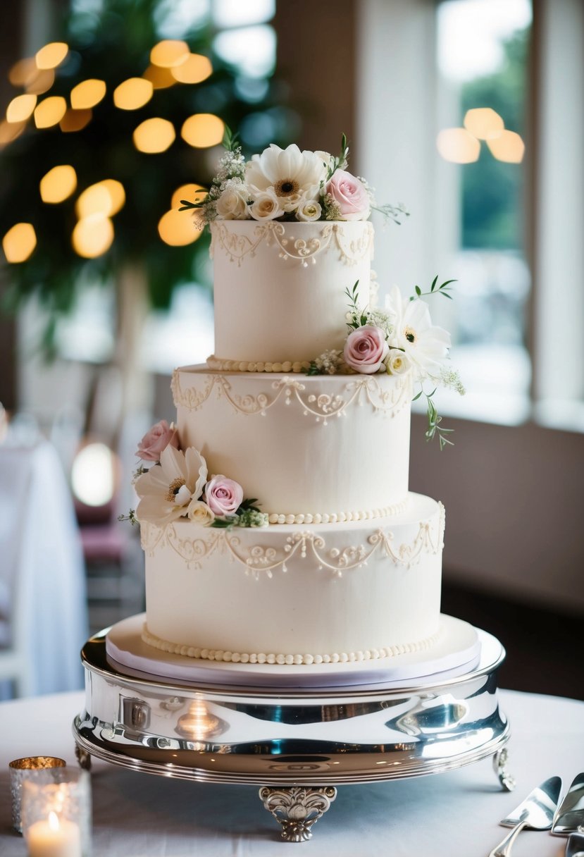 A two-tiered wedding cake adorned with delicate flowers and intricate icing designs sits on a polished silver stand