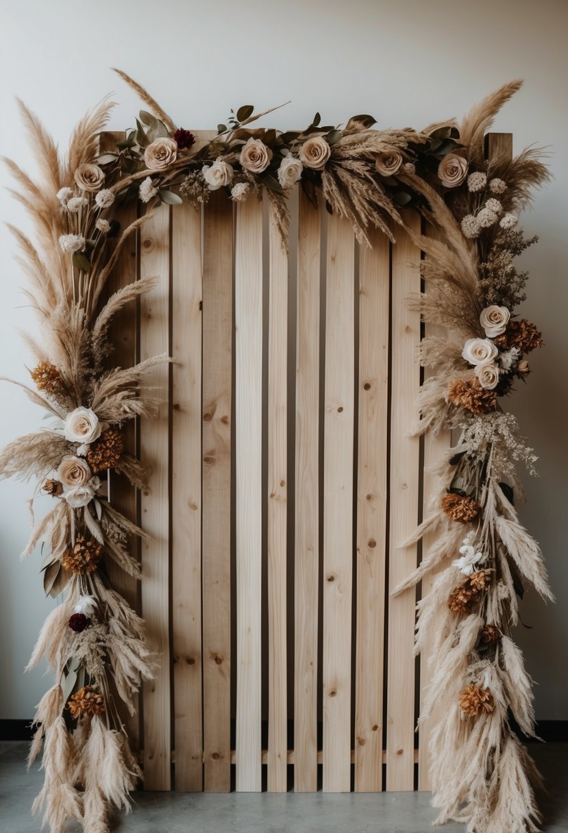 A wooden backdrop adorned with dried flowers in neutral tones for a wedding