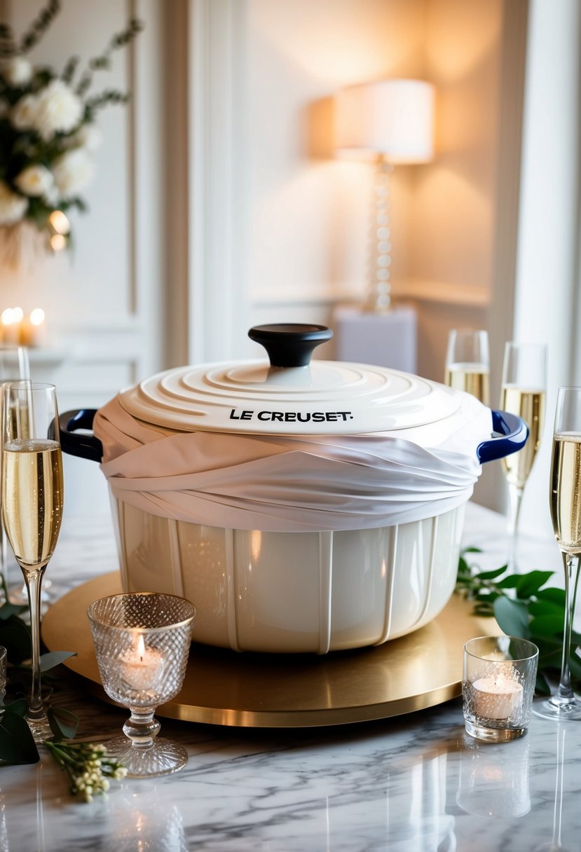 A beautifully wrapped Le Creuset Signature Dutch Oven sits atop a marble countertop, surrounded by elegant wedding decor and sparkling champagne glasses