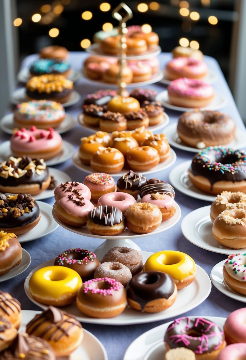 A table adorned with an array of decadent donuts in various flavors and toppings, arranged on elegant platters and stands