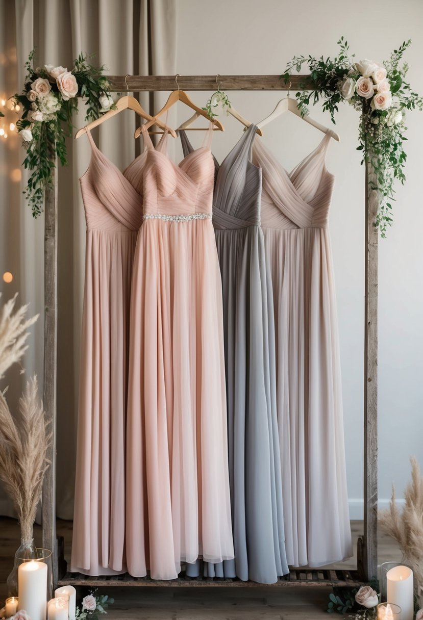 A group of blush and light grey bridesmaid dresses hanging on a rustic wooden rack, surrounded by neutral wedding decor and soft natural lighting