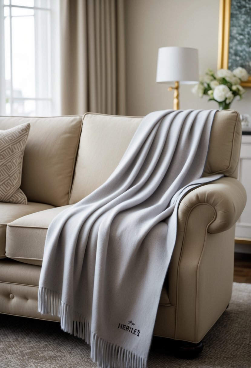 A luxurious Hermès cashmere throw blanket draped over a plush sofa in an elegantly decorated living room