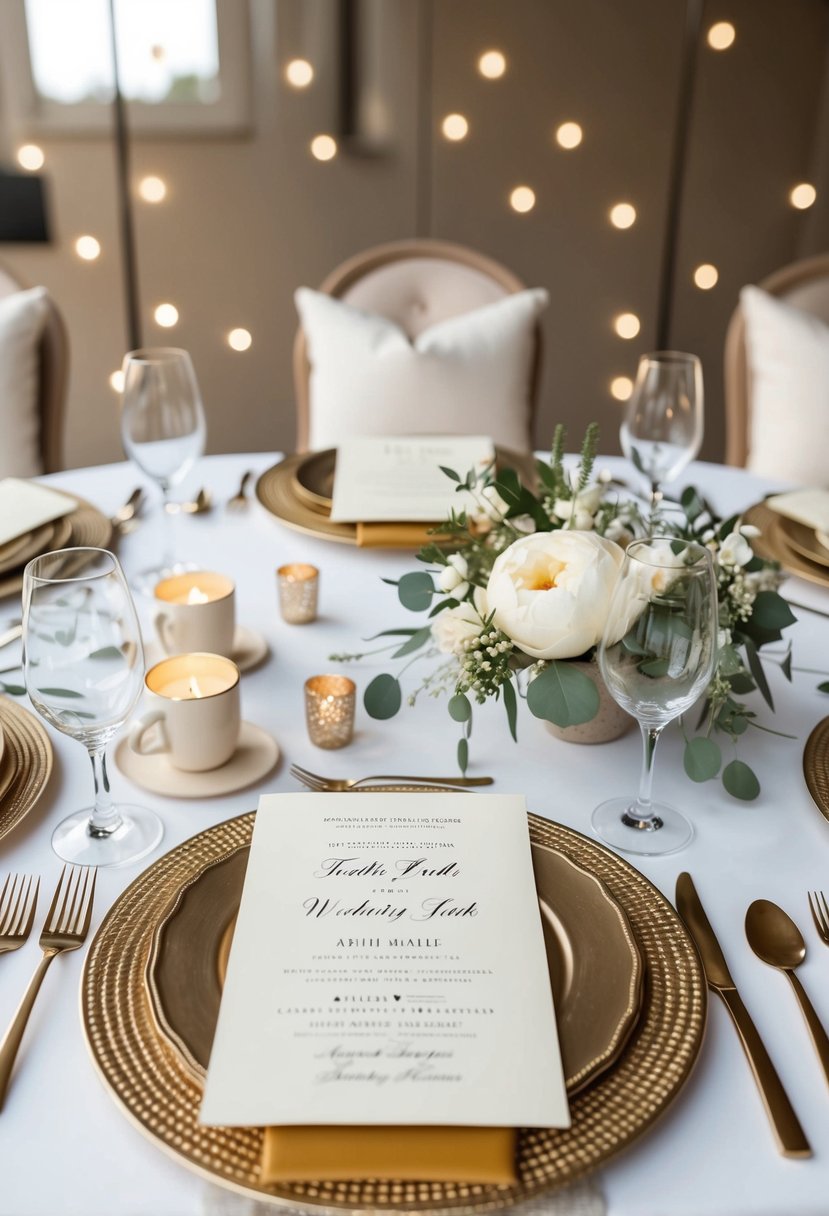 A table set with classic white and cream invitations, surrounded by neutral wedding decor