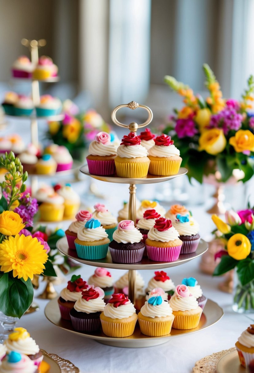 A table with a variety of beautifully decorated cupcakes displayed on tiered stands, surrounded by colorful flowers and elegant table settings