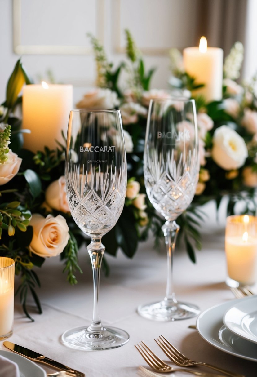 A table set with two Baccarat Crystal Champagne Flutes, surrounded by elegant floral arrangements and soft candlelight