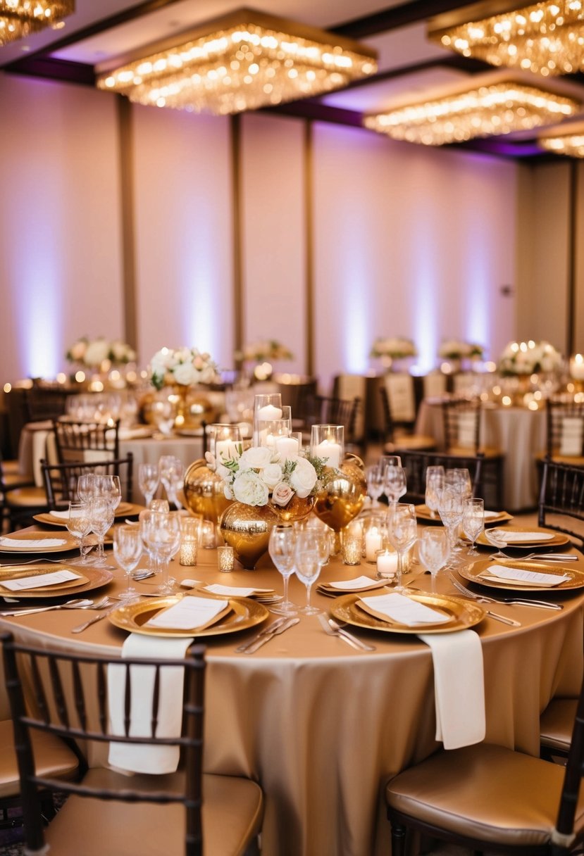 A lavish wedding table adorned with metallic gold and bronze decor