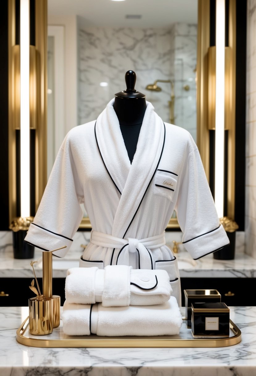 A luxurious bathrobe set displayed on a marble countertop, surrounded by elegant gold and black accents