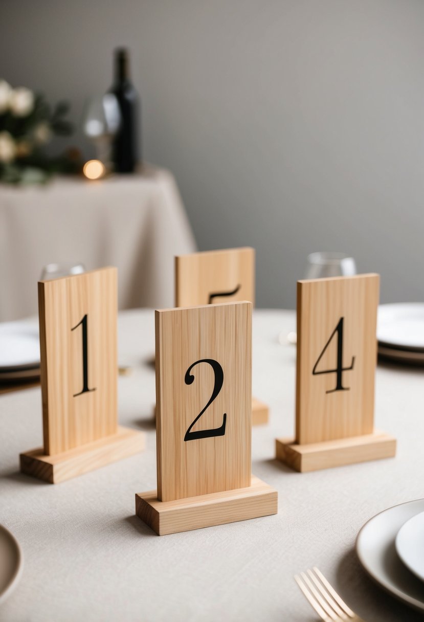 A set of natural wood table numbers arranged on a neutral-colored table with simple, elegant decor