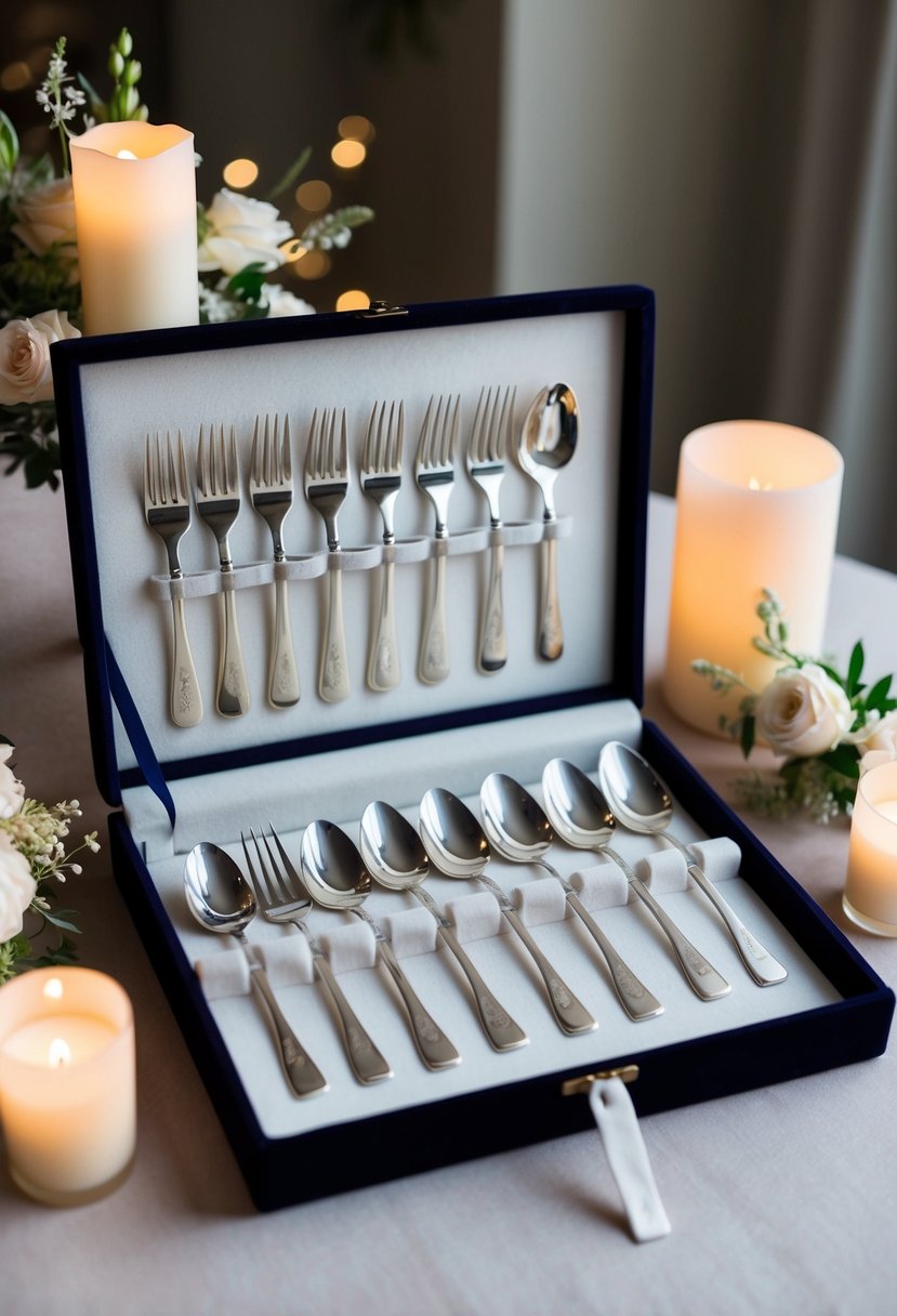 A monogrammed silver cutlery set displayed on a velvet-lined box, surrounded by delicate floral arrangements and soft candlelight