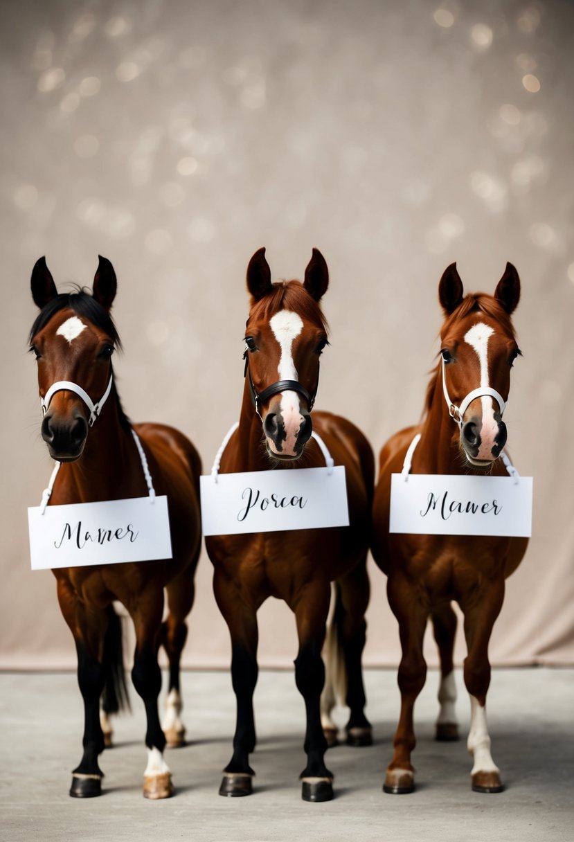 Miniature horses stand in a row, each wearing a handwritten name card, set against a neutral backdrop for a wedding