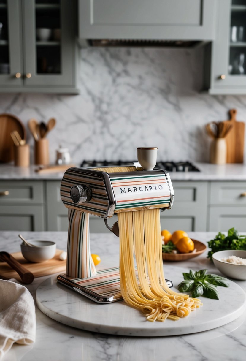 A beautifully wrapped Marcato Designer Pasta Machine sits on a marble countertop surrounded by elegant kitchen utensils and fresh ingredients