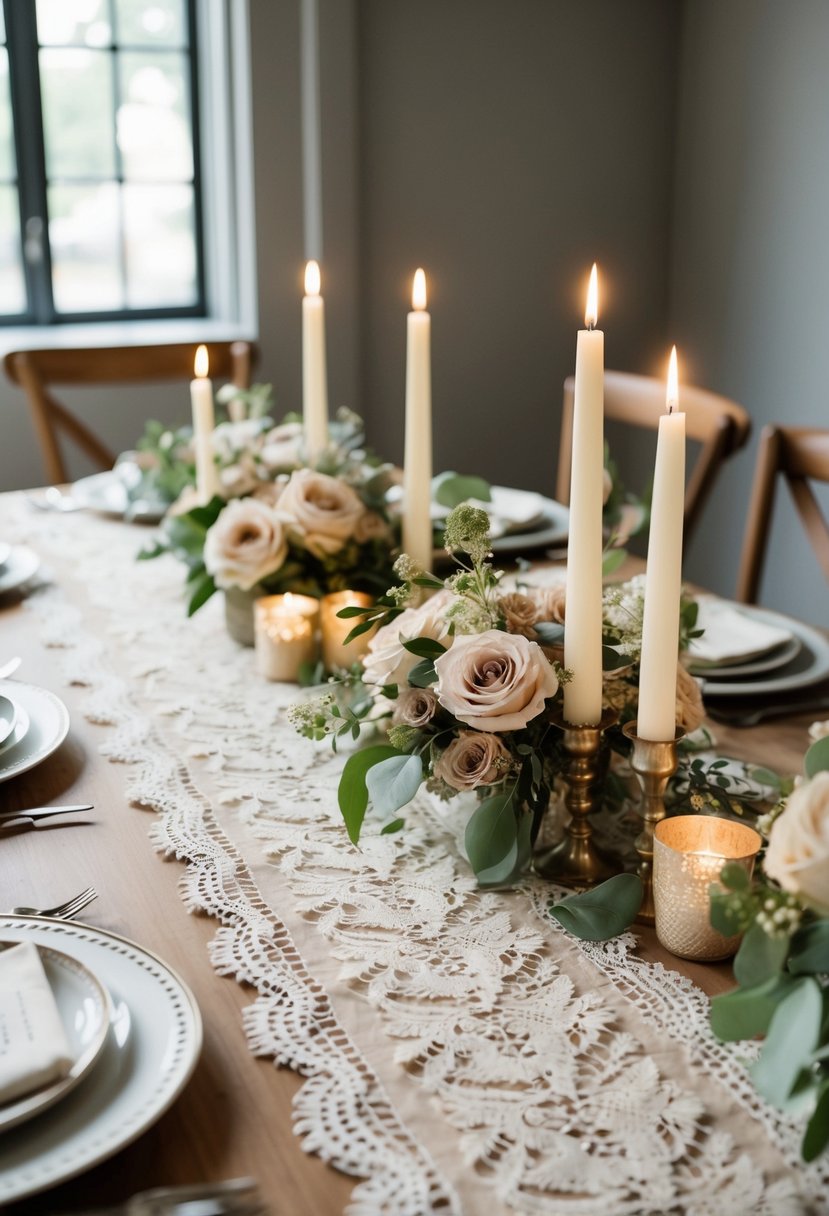 A table set with vintage lace runners, adorned with neutral-colored flowers and candles