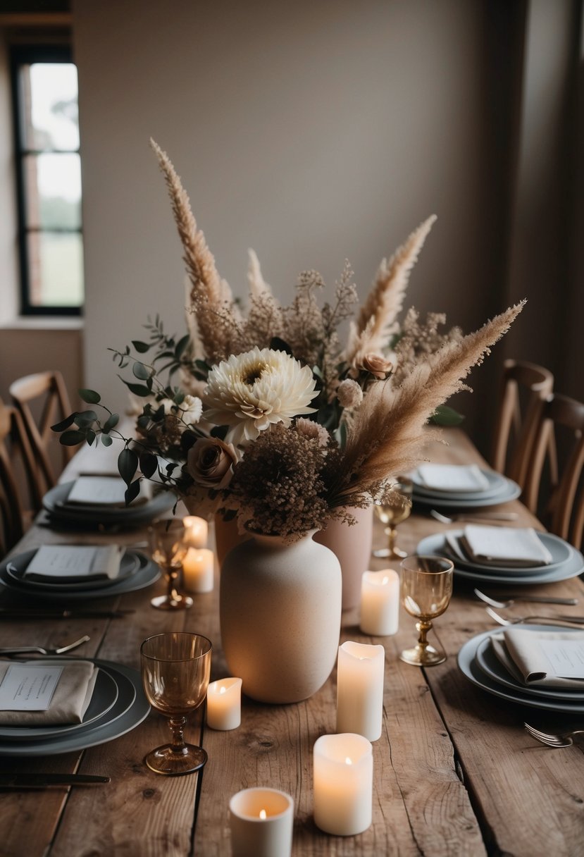 A rustic wooden table adorned with muted earth tone bouquets in neutral vases, surrounded by soft candlelight