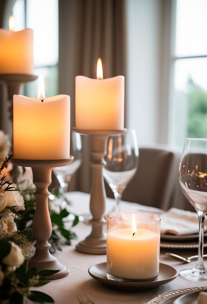 Soft candlelight illuminates a serene wedding setting with neutral tones and elegant decor