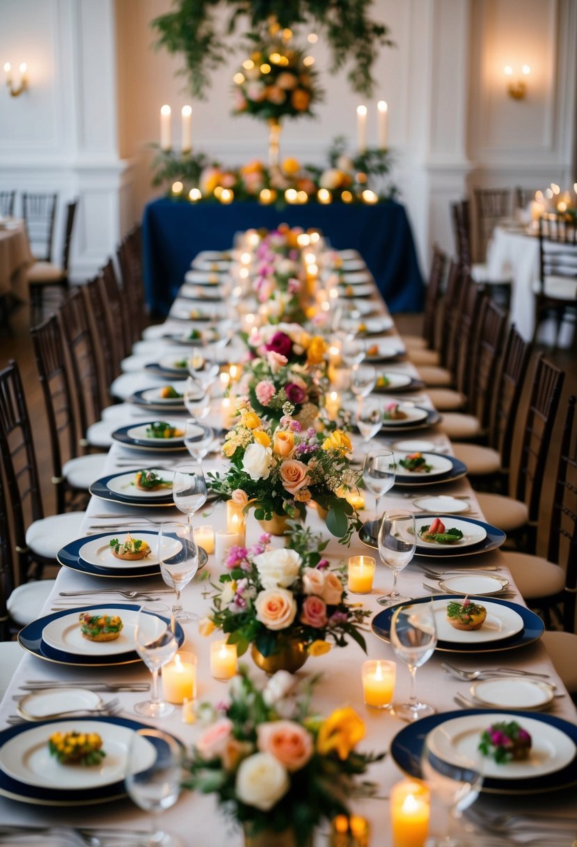 A long banquet table adorned with a variety of elegant and colorful dishes, surrounded by decorative floral centerpieces and flickering candlelight