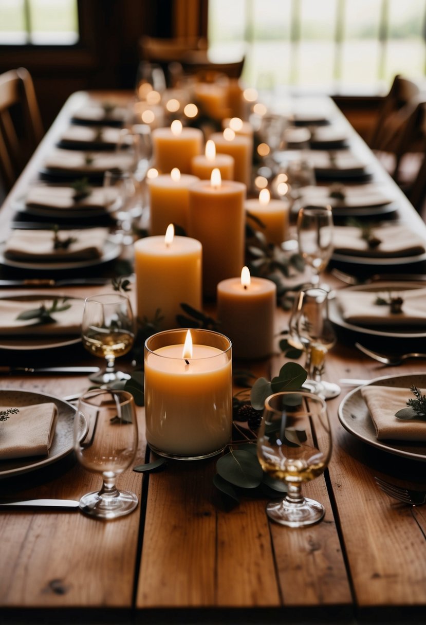 A wooden table adorned with rustic soy wax scented candles in neutral tones, creating a warm and inviting atmosphere for a wedding celebration