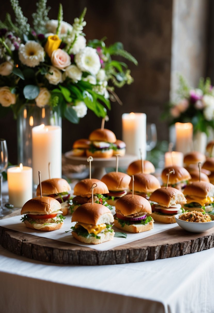 A rustic table displays an array of gourmet sliders with various toppings and condiments, surrounded by elegant floral arrangements and soft candlelight