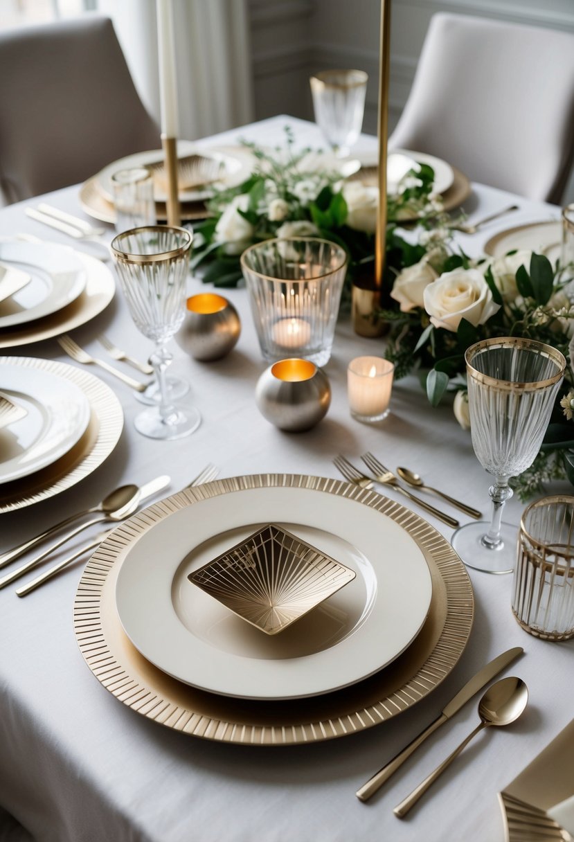 An elegant Art Deco-inspired tablescape with neutral-colored tableware, geometric patterns, and metallic accents