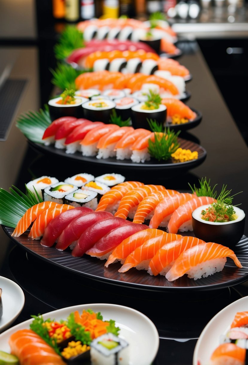 A colorful array of fresh sushi and sashimi arranged on a sleek, modern bar with decorative garnishes and elegant serving platters