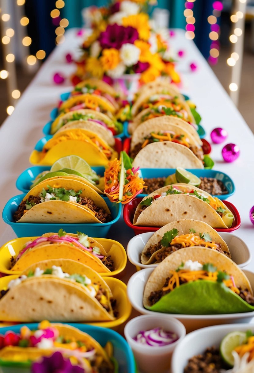 A colorful array of taco fillings, toppings, and tortillas arranged on a table with festive decorations for a wedding reception