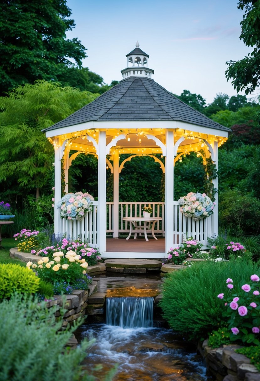 A garden gazebo adorned with pastel flowers and twinkling lights, surrounded by lush greenery and a flowing stream