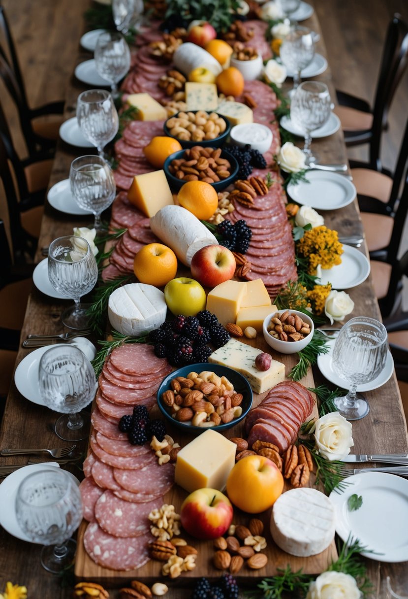 A lavish spread of cured meats, cheeses, fruits, and nuts arranged on a rustic wooden table, surrounded by elegant glassware and floral accents