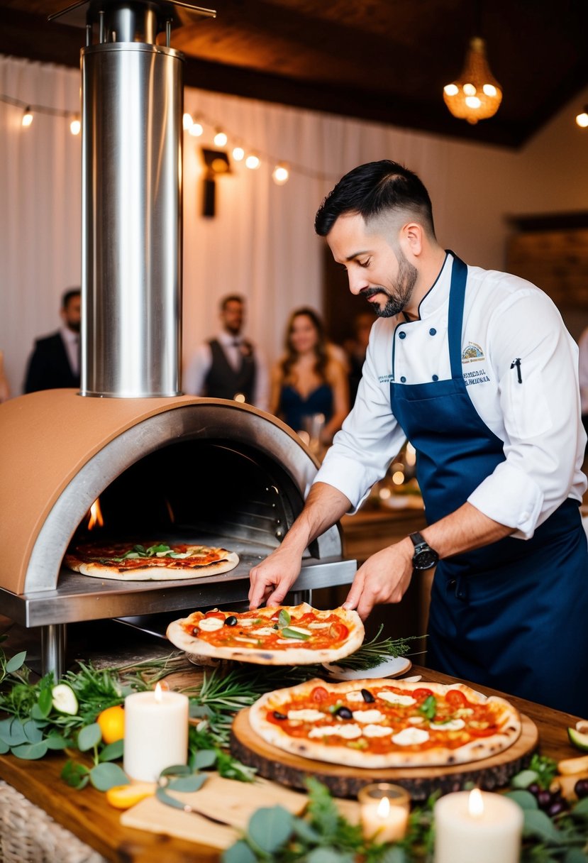 A wood-fired pizza station at a wedding reception, with a chef preparing and sliding pizzas into the oven, surrounded by fresh ingredients and rustic decor