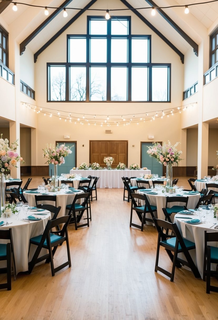 A spacious community hall with high ceilings and large windows, decorated with spring flowers and pastel colors. Tables set with simple yet elegant centerpieces, and string lights hung from the ceiling