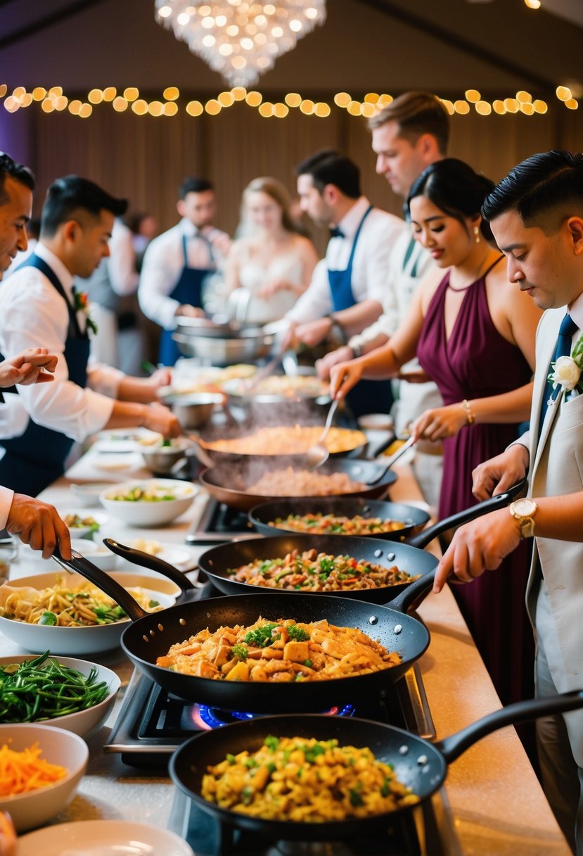 A bustling stir-fry station at a wedding reception, with sizzling pans, colorful ingredients, and guests customizing their dishes