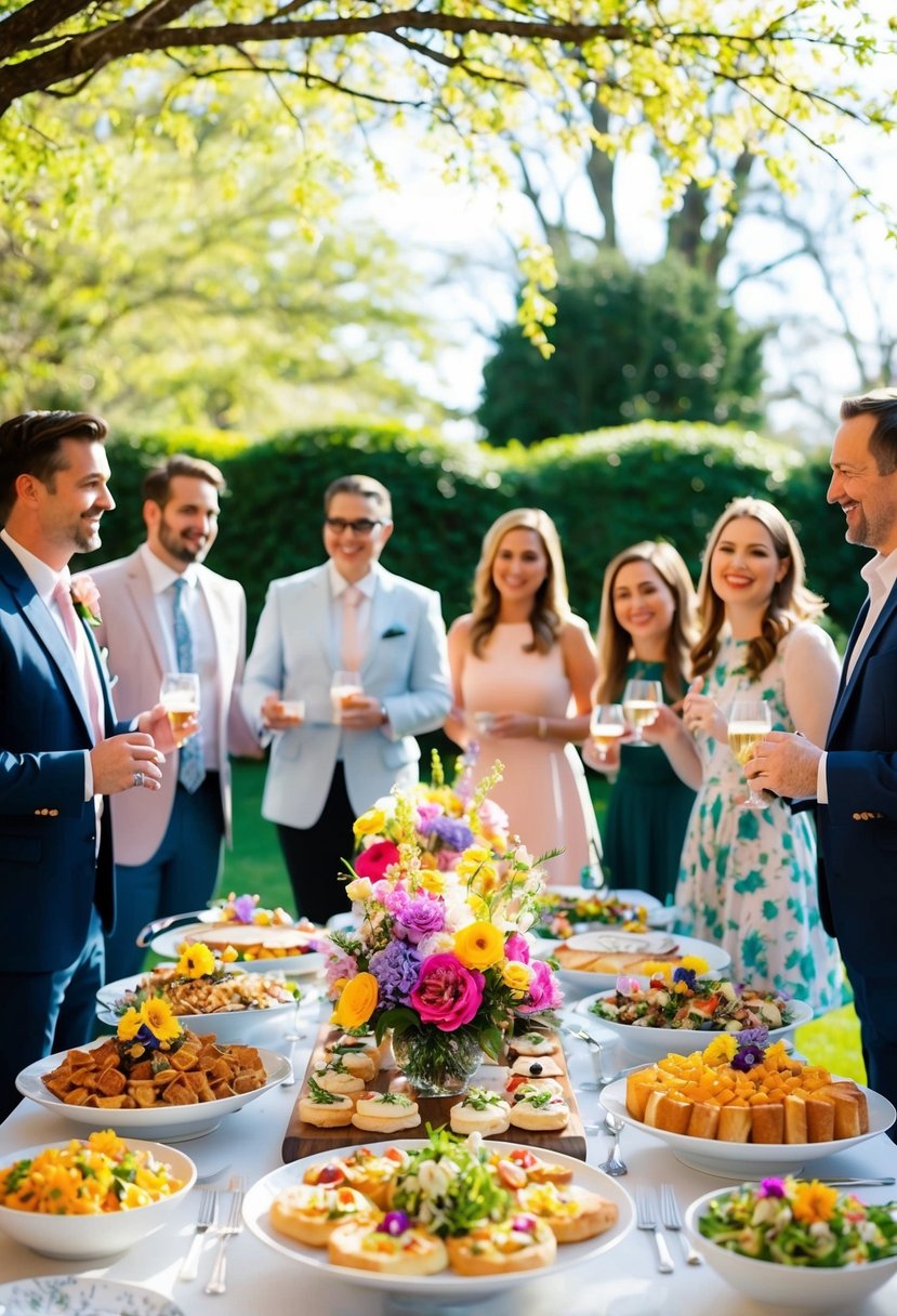 A sunny garden setting with colorful floral centerpieces and a buffet spread of brunch foods, surrounded by cheerful guests mingling and enjoying the springtime atmosphere