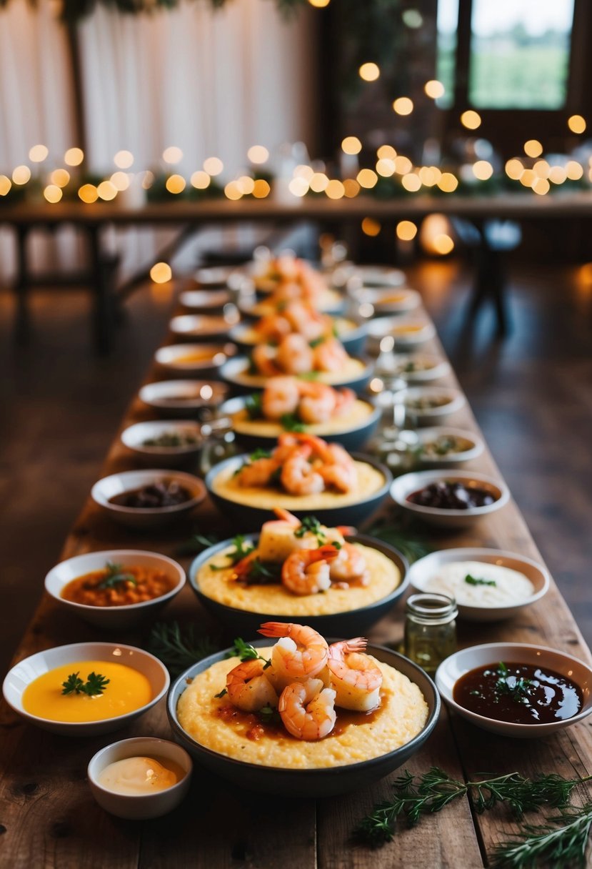 A rustic table displays a spread of shrimp and grits, surrounded by assorted toppings and sauces. Festive lighting adds ambiance to the wedding reception setting