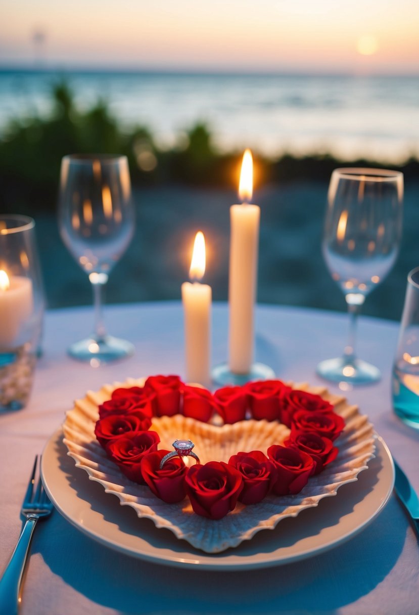 A candlelit beach dinner with a heart-shaped arrangement of rose petals and a ring hidden in a seashell