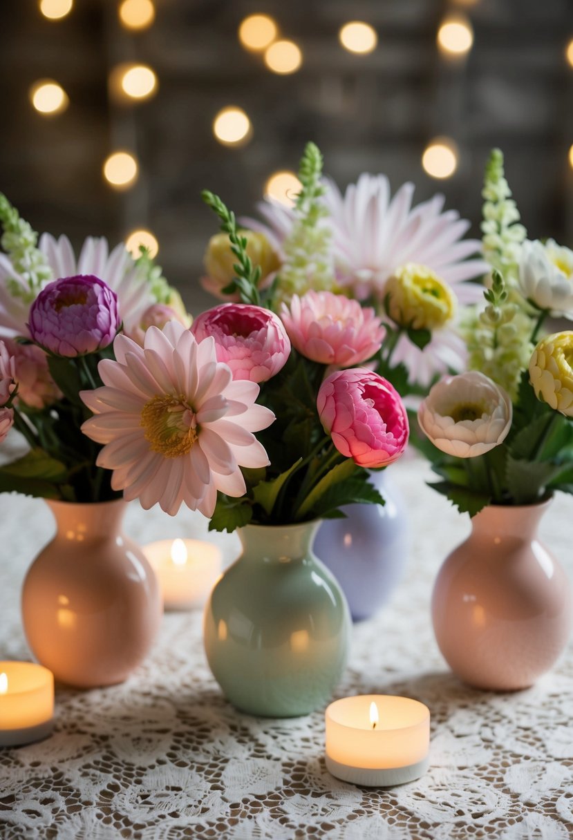 Artificial flowers arranged in pastel vases on a lace tablecloth, surrounded by flickering tea lights