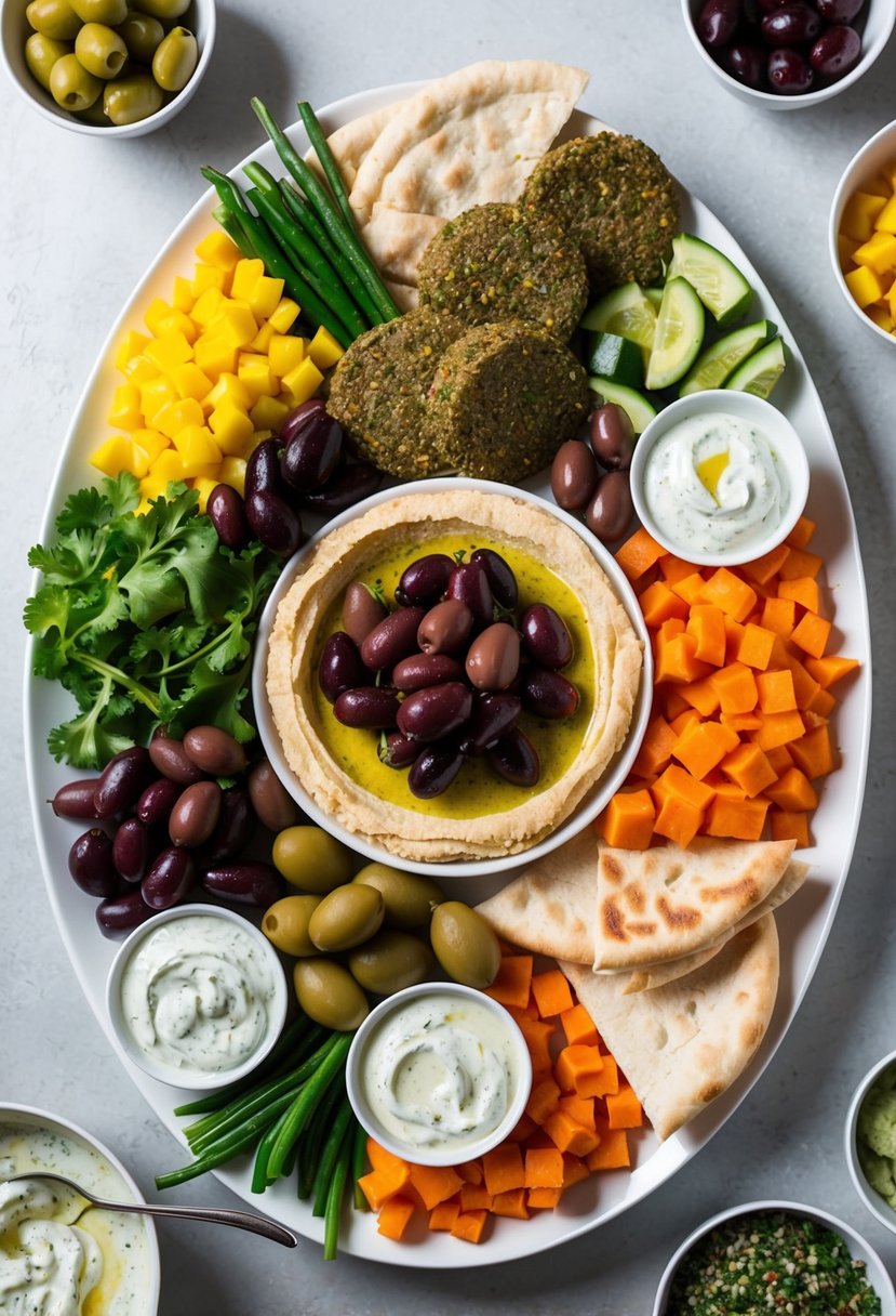 A colorful array of hummus, olives, pita bread, falafel, and fresh vegetables arranged on a large platter, surrounded by small dishes of tzatziki and tabbouleh