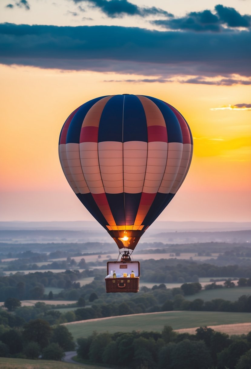 A hot air balloon floats over a picturesque landscape at sunset, with a champagne picnic and a ring box in the basket